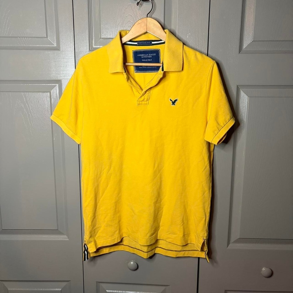 American Eagle Outfitters Mens Yellow Eagle Polo Shirt Vintage Fit Large L Y2K
